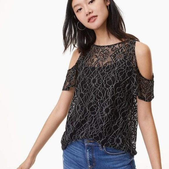 LOFT | Black Embellished Lace Cut Out Short Sleeve Blouse | Size XS - Picture 1 of 8